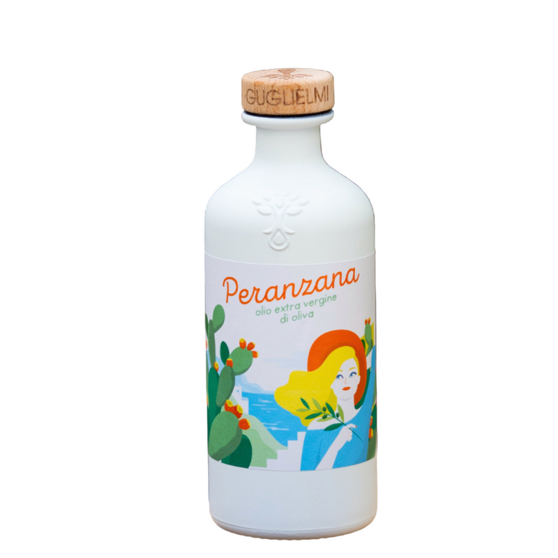 White bottle with colorful graphics and 'Peranzana' branding on a white background