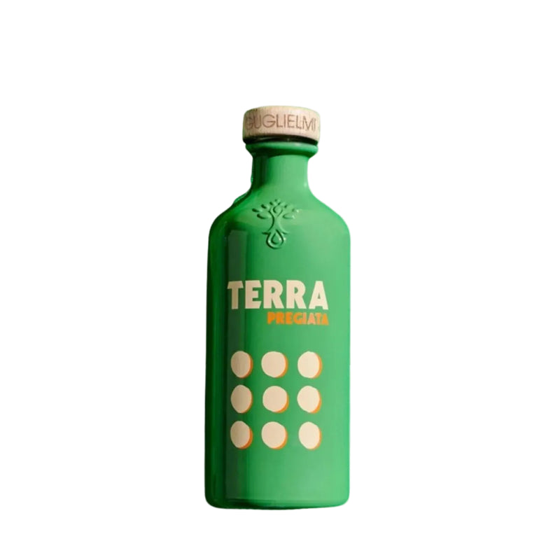 Green bottle labeled 'Terra' on a light gray background
