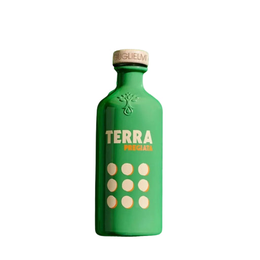 Green bottle labeled 'Terra' on a light gray background