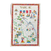 Colorful map of Marche region with illustrations on a white background