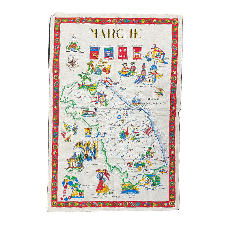 Colorful map of Marche region with illustrations on a white background