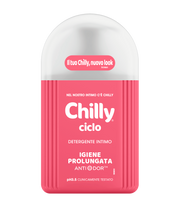 A pink bottle of Chilly Detergente Ciclo, Anti-Odor with a white label displaying product details in Italian.
