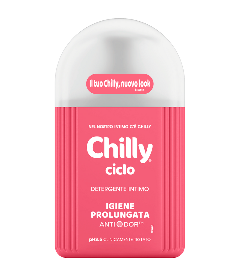 A pink bottle of Chilly Detergente Ciclo, Anti-Odor with a white label displaying product details in Italian.