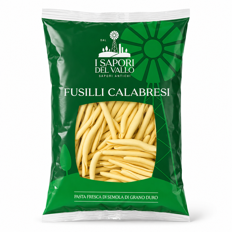 Green package of Fusilli Calabresi pasta with brand logo on a white background