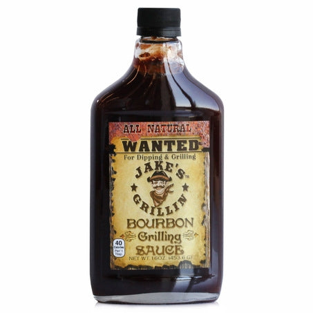 Bottle of Jake's Grillin Bourbon Grilling Sauce with a label on a white background