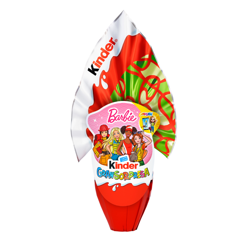 Kinder Surprise egg with Barbie theme on a white background