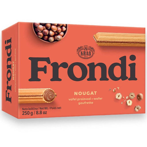 Box of Frondi nougat with orange packaging and visible nougat pieces.