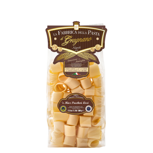 Packaged pasta with 'La Fabbrica della Pasta di Gragnano' branding on a white background