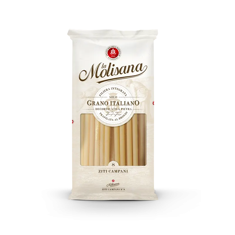 Packaging of La Molisana Ziti Campani pasta, showing the dried pasta through a transparent window and the brand's logo.