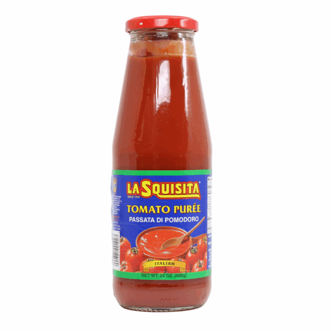 A glass bottle of La Squisita Tomato Puree with a red cap and a blue, yellow, and green label, set against a plain white background.
