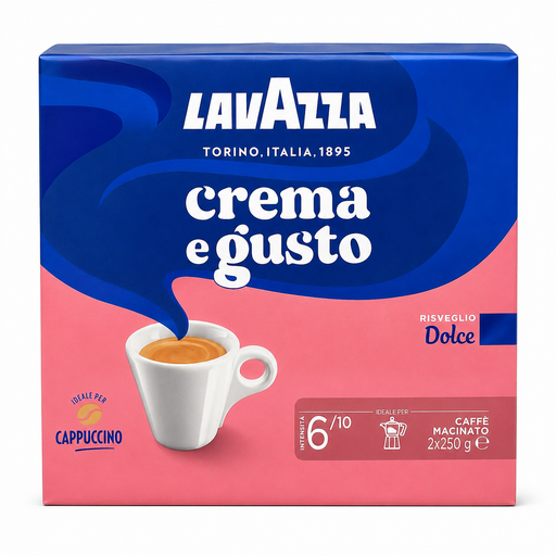 Lavazza crema e gusto coffee packaging with a cup of coffee on a pink and blue background