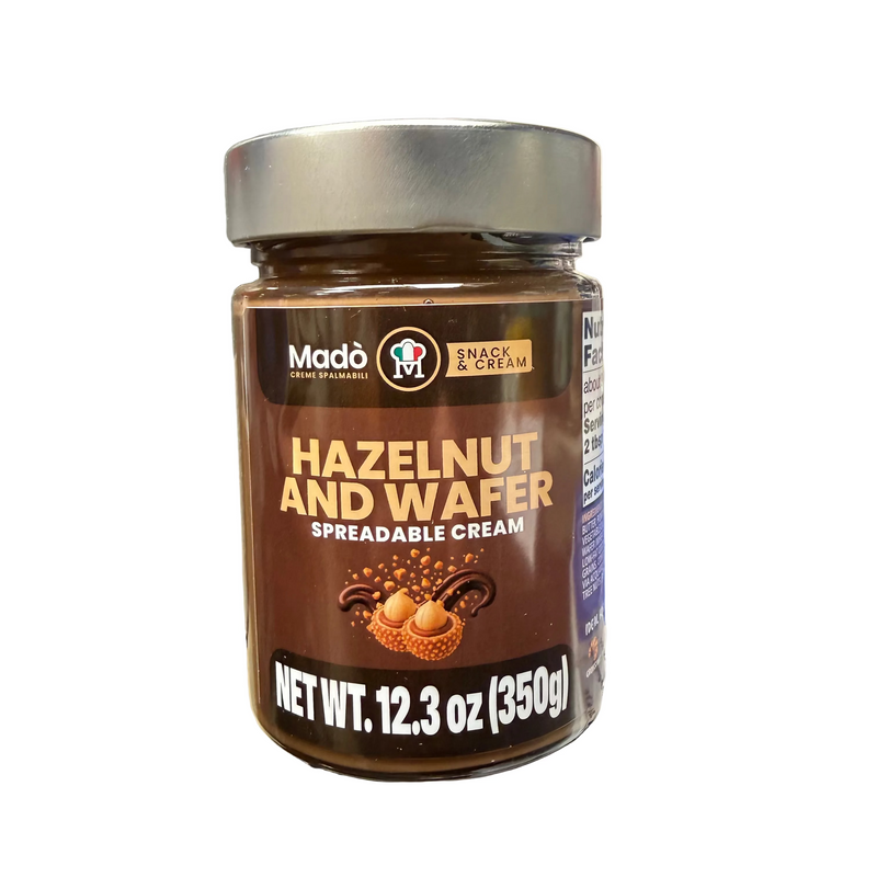 Jar of Mado Hazelnut and Wafer Spreadable Cream on a counter