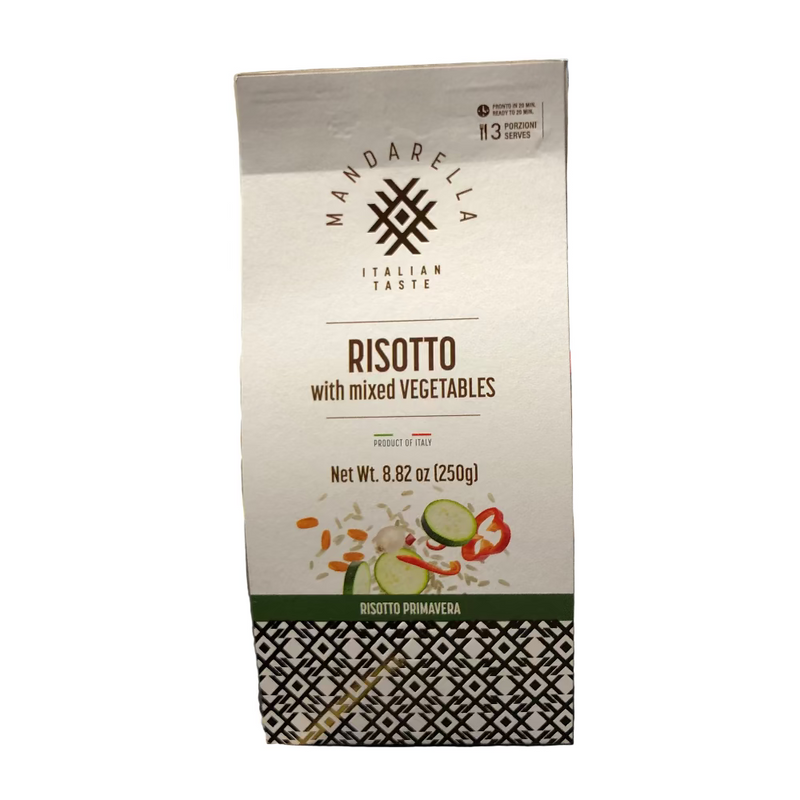 Box of Mandarella Italian Taste Risotto with mixed vegetables on a kitchen counter.