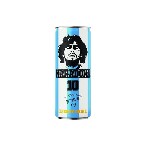 Energy drink can with Maradona branding on a white background
