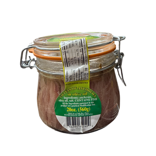 A glass jar containing Marinella Fillets of Anchovies in Pure Olive Oil with a label indicating it is a product of Italy.