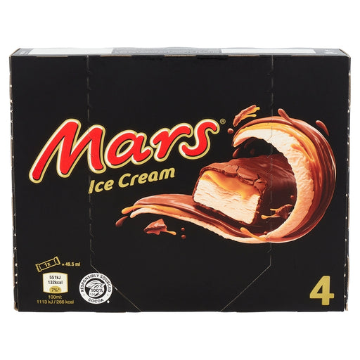 Box of Mars Ice Cream with a chocolate ice cream bar on a black background