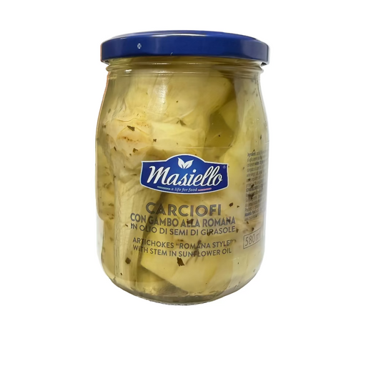 Jar of Masiello artichokes on a kitchen counter with a tiled wall in the background.