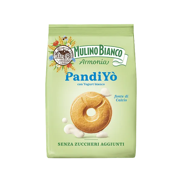 Green package of Mulino Bianco PandiYò with a donut illustration on a white background