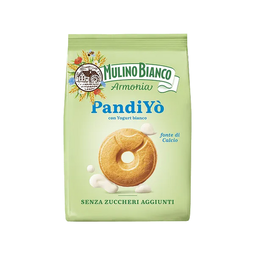 Green package of Mulino Bianco PandiYò with a donut illustration on a white background