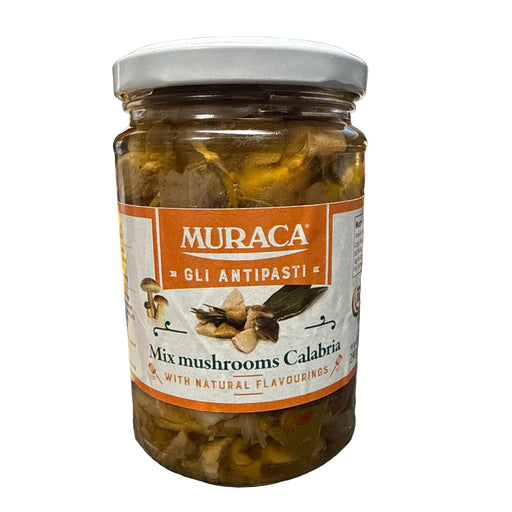 Jar of Muraca mushrooms on a cluttered surface