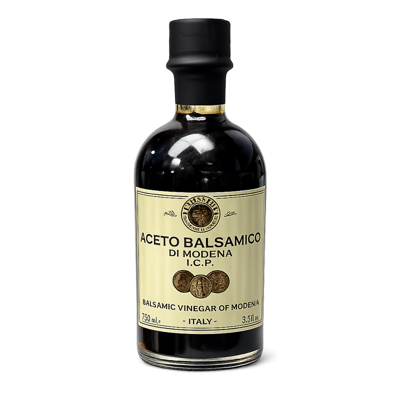 Bottle of Aceto Balsamico di Modena I.C.P. on a white background