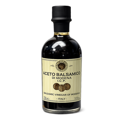Bottle of Aceto Balsamico di Modena I.C.P. on a white background