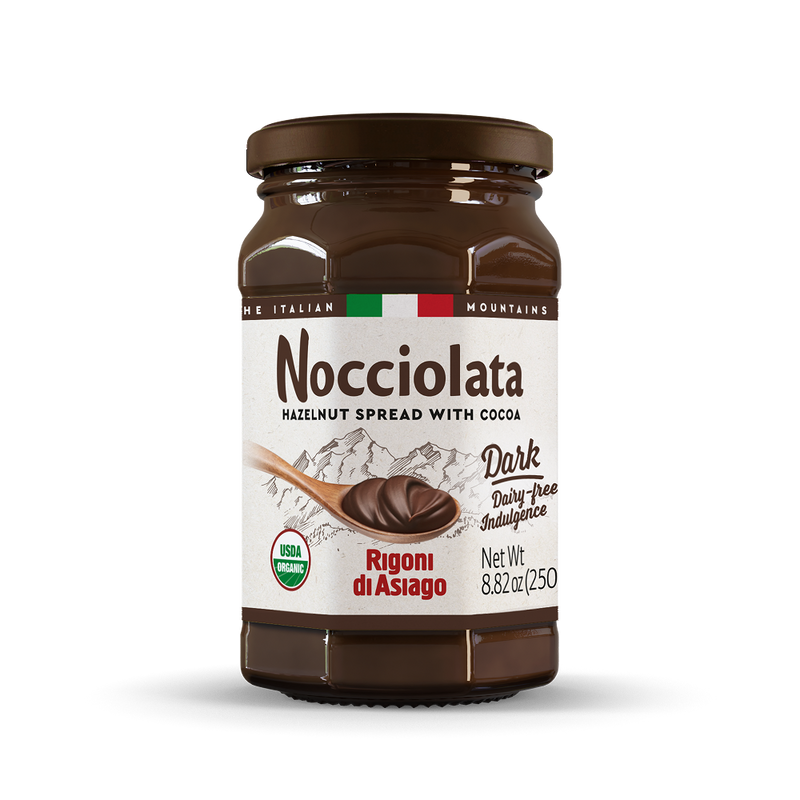 Jar of Nocciolata hazelnut spread with cocoa on a white background