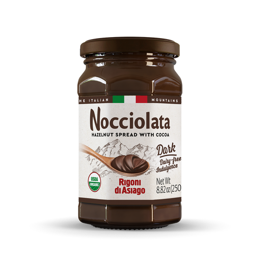 Jar of Nocciolata hazelnut spread with cocoa on a white background