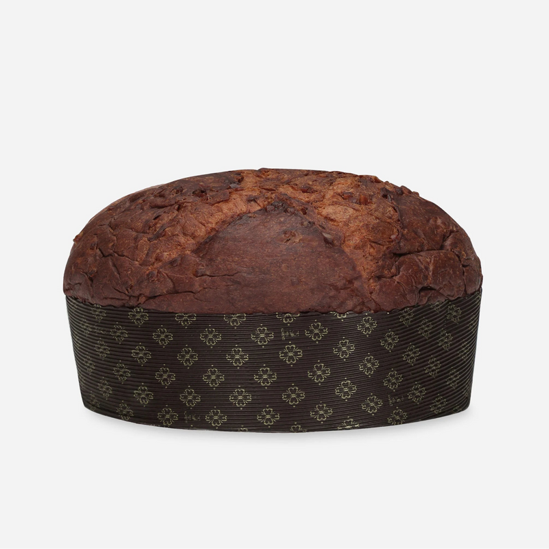 Loaf of bread with a decorative brown paper bag on a white background