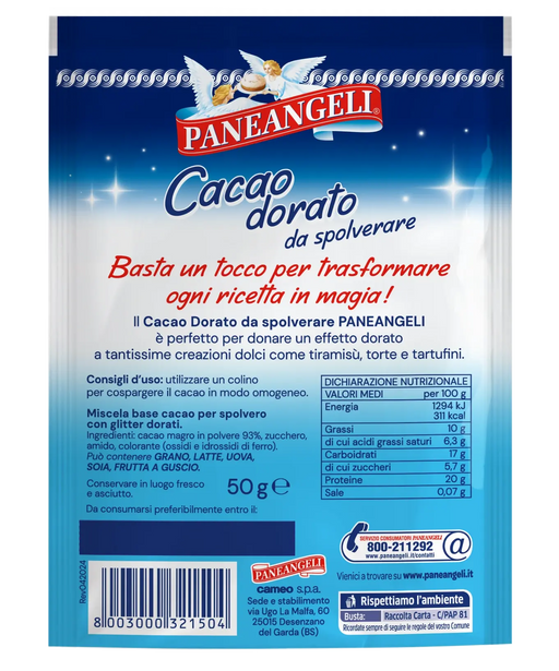 Paneangeli Gold Powdered Cocoa packaging with blue background