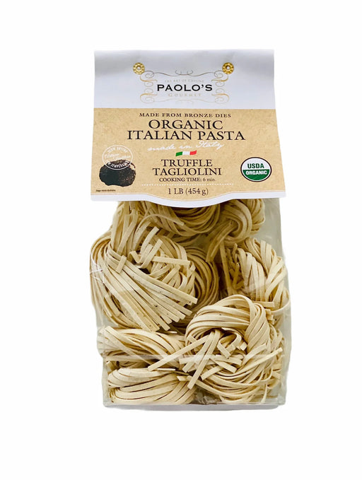 Packaging of Paolo's Organic Italian Truffle Tagliolini pasta, displaying the product through a clear window, with organic certification and Italian flag colors.