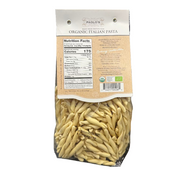 Packaged organic Italian pasta with a label on a desk.