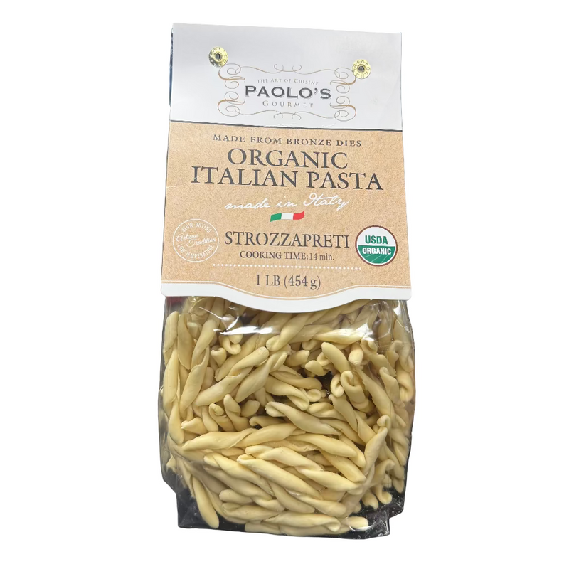 Bag of Paolo's Gourmet organic Italian pasta on a desk with office items in the background