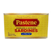 Pastene boneless & skinless sardines in olive oil packaging on a patterned surface.
