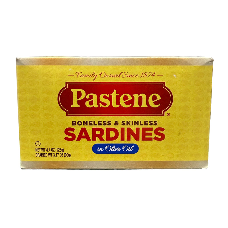 Pastene boneless & skinless sardines in olive oil packaging on a patterned surface.