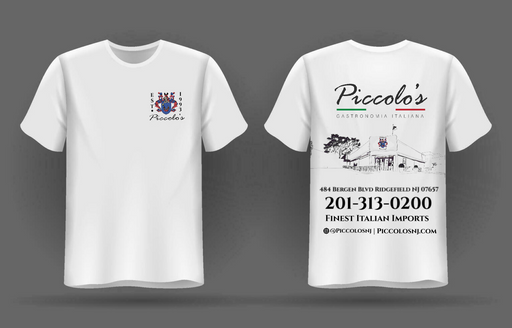 White t-shirt with Piccolo's logo and contact information on a gray background