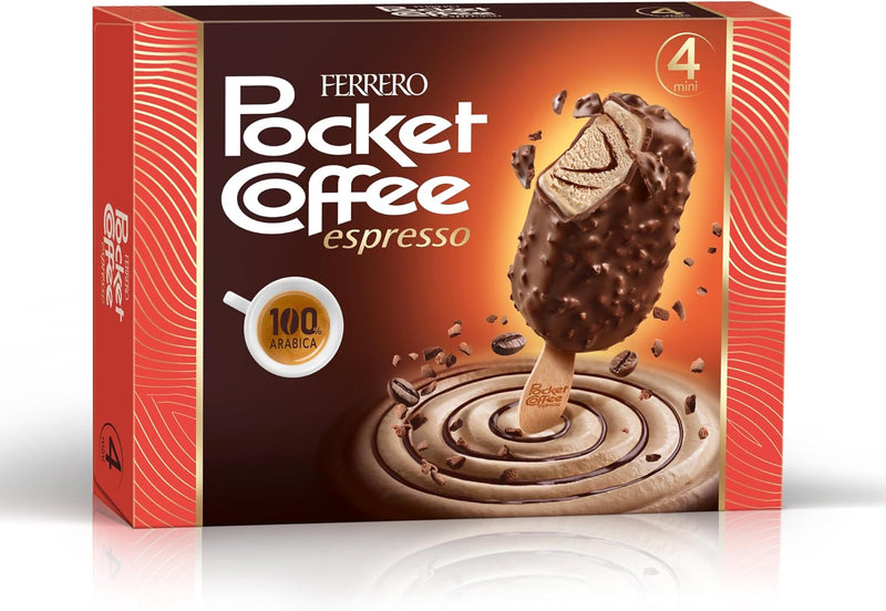 Ferrero Pocket Coffee Espresso packaging with a chocolate ice cream bar on an orange background