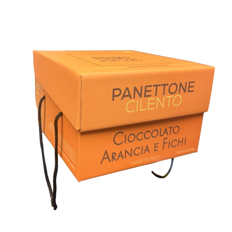Orange Panettone Cilento box held in front of a warehouse setting
