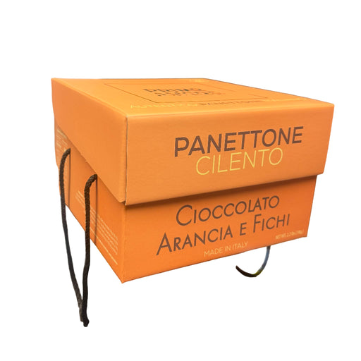 Orange Panettone Cilento box held in front of a warehouse setting