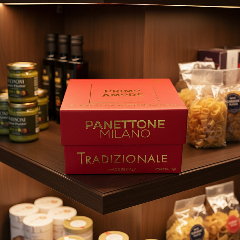 Red box of Panettone Milano Tradizionale held in a store setting