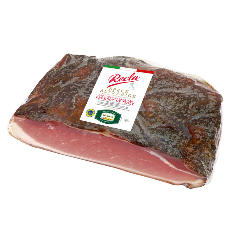 Packaged sliced ham with Recla label on a white background