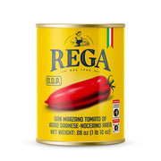 Can of Rega San Marzano tomatoes with a yellow label and red tomato illustration.