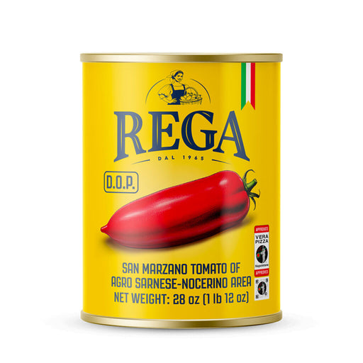 Can of Rega San Marzano tomatoes with a yellow label and red tomato illustration.