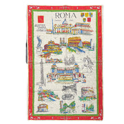 Map of Rome on a decorative mat with a red border, placed on a textured surface.