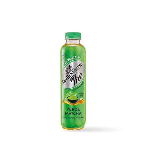A bottle of Sandenetto Thé Verde Matcha tea, featuring a bright green label with a silver circular logo and a green cap, set against a plain white background.