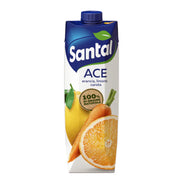 Santal juice box with blue lid and fruit illustration on a white background