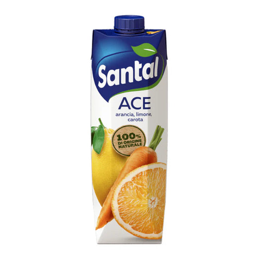 Santal juice box with blue lid and fruit illustration on a white background