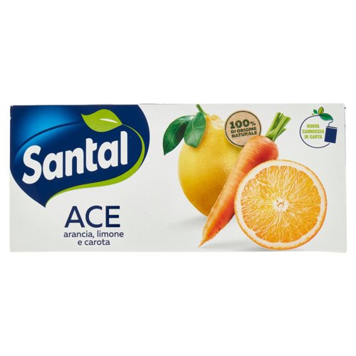 Santal ACE fruit juice box with lemon, orange, and carrot on a white background