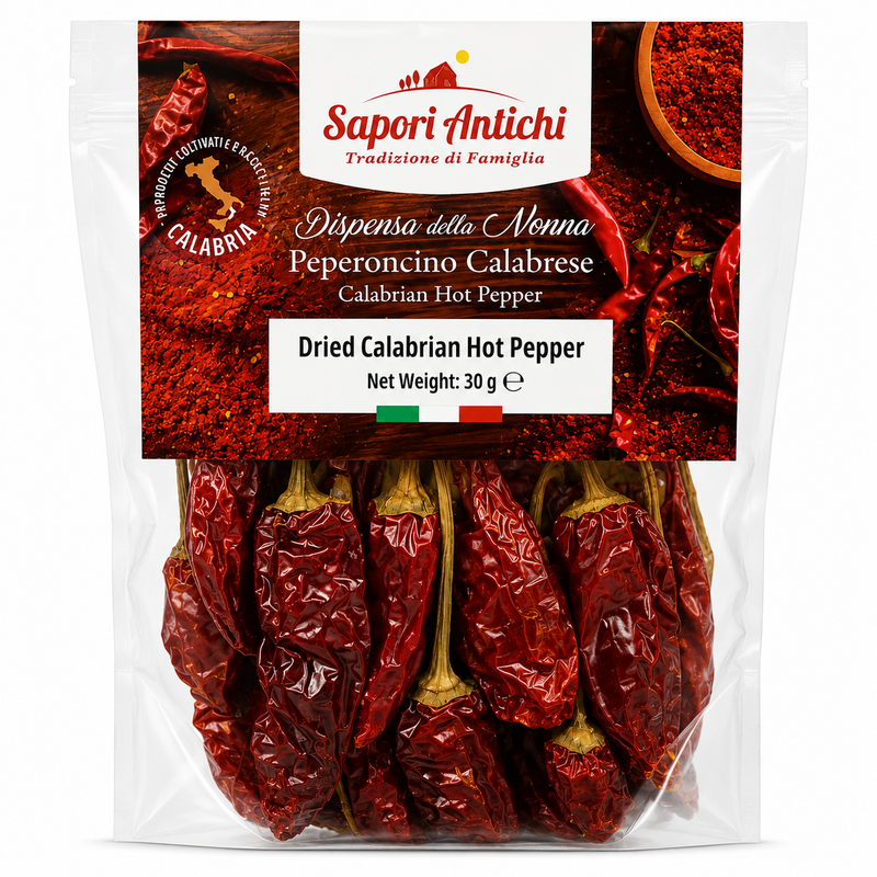A 30g package of Sapori Antichi Dried Calabrian Hot Pepper, showing the red dried peppers inside a clear plastic bag with a branded paper label.