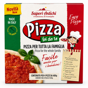 Pizza making kit packaging with branding and family-friendly text